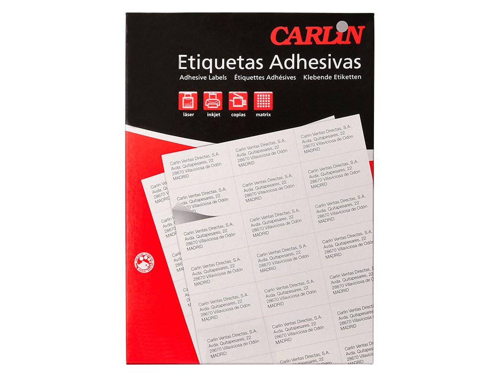 ETIQUETA ADHESIVA CARLIN 70X37 MM FOTOCOPIADORA LASER INK-JET CAJA DE 100 HOJAS DIN A4