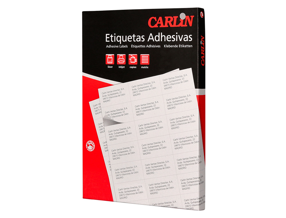 ETIQUETA ADHESIVA CARLIN 70X37 MM FOTOCOPIADORA LASER INK-JET CAJA DE 100 HOJAS DIN A4