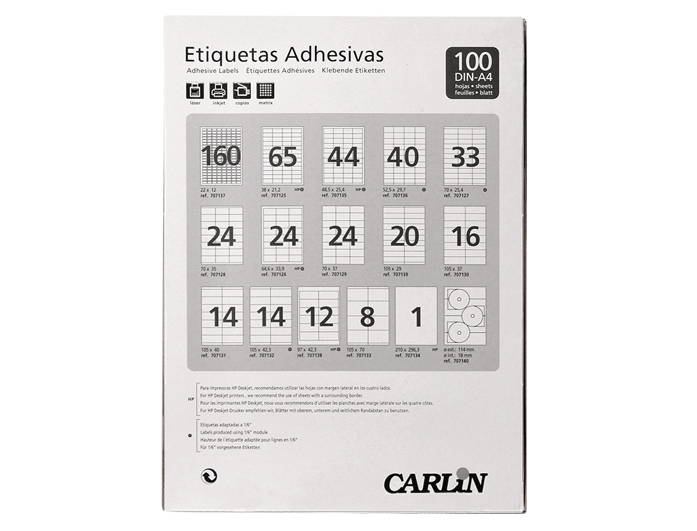 ETIQUETA ADHESIVA CARLIN 70X37 MM FOTOCOPIADORA LASER INK-JET CAJA DE 100 HOJAS DIN A4