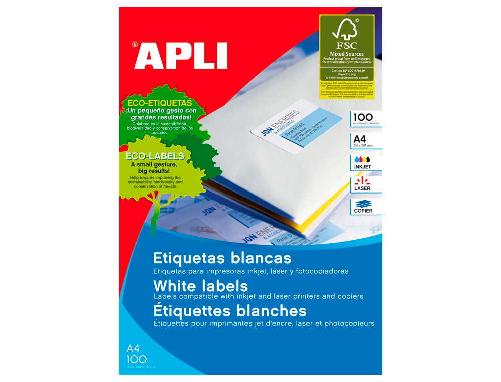 ETIQUETAS ADHESIVAS APLI 01282 TAMAO 48,5X16,9 MM PARA FOTOCOPIADORA LASER INK-JET CAJA DE 100H DINA4 6800 ETIQU