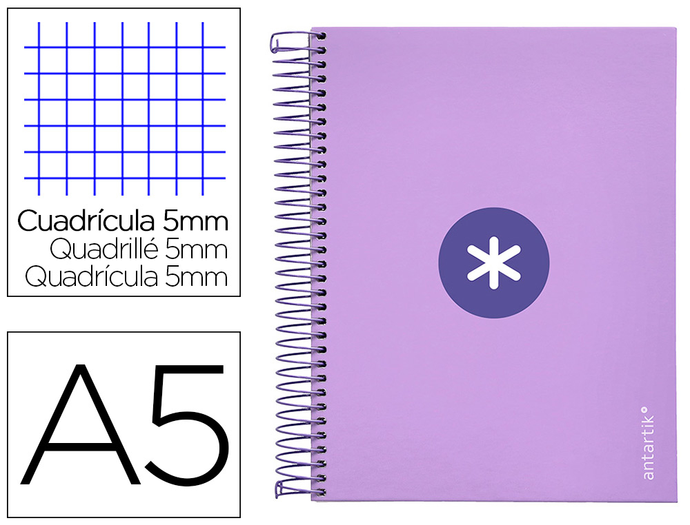 CUADERNO ESPIRAL LIDERPAPEL A5 MICRO ANTARTIK TAPA FORRADA120H 100 GR CUADRO 5MM 5 BANDA6 TALADROS COLOR LAVANDA