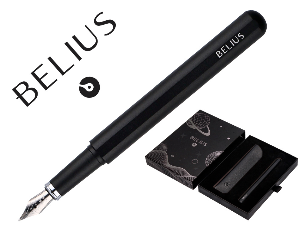 PLUMA Y FUNDA DE SIMILPIEL BELIUS SPACE B COLOR MINIMALISTA NEGRO TINTA AZUL CAJA DE DISEO