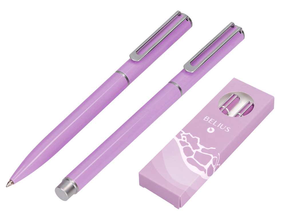 JUEGO BOLIGRAFO Y ROLLER BELIUS ENDLESS SUMMER ALUMINIO COLOR MORADO Y PLATEADO TINTA AZUL CAJA DE DISEO