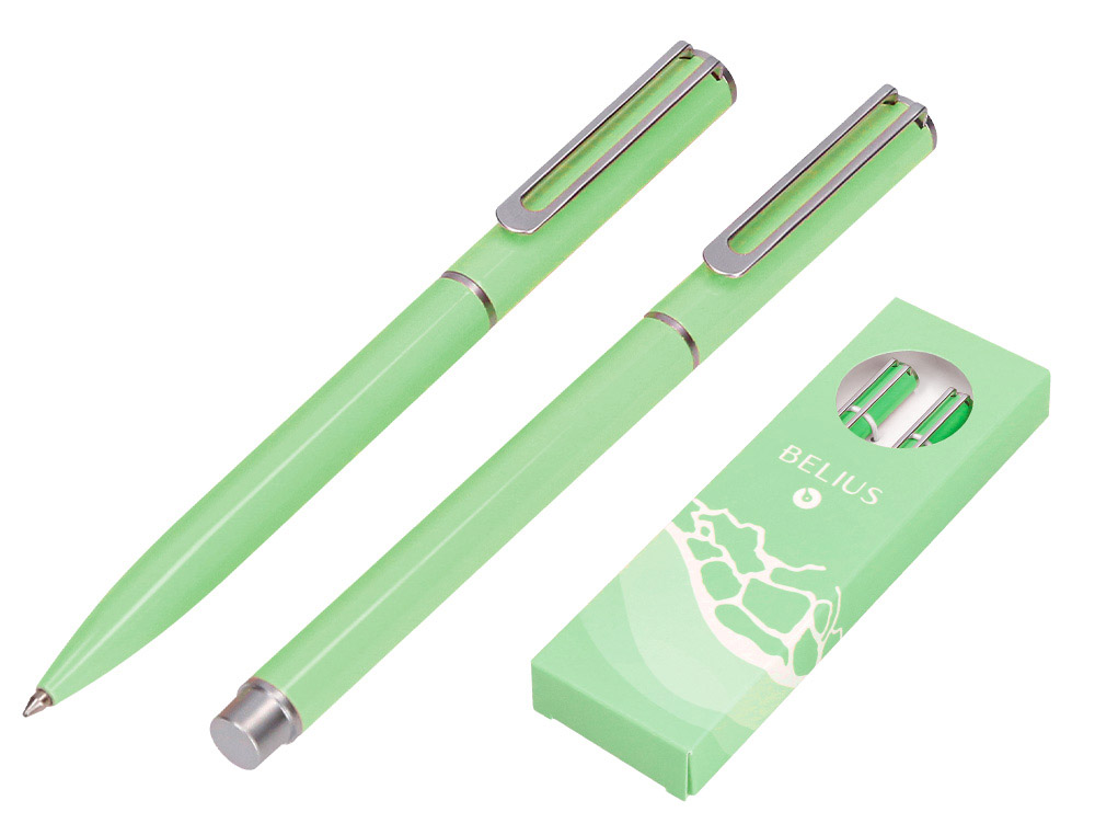 JUEGO BOLIGRAFO Y ROLLER BELIUS ENDLESS SUMMER ALUMINIO COLOR VERDE Y PLATEADO TINTA AZUL CAJA DE DISEO