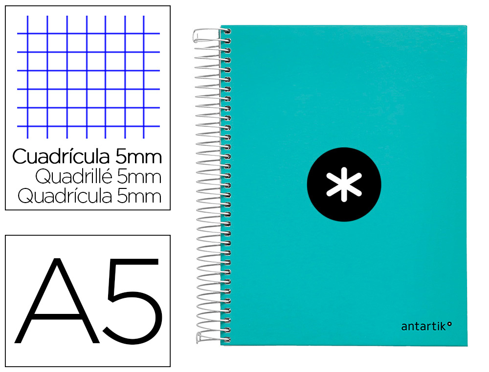 CUADERNO ESPIRAL LIDERPAPEL A5 MICRO ANTARTIK TAPA FORRADA120H 100 GR CUADRO 5 MM 5 BAND6 TALADROS COLOR MENTA