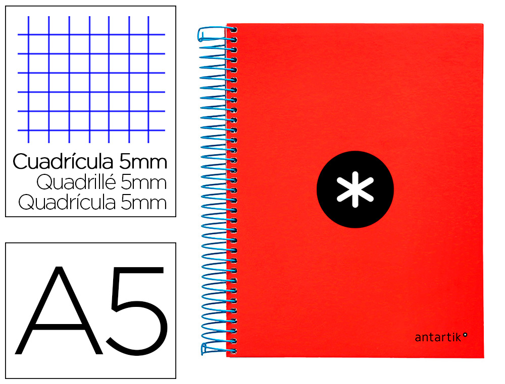 CUADERNO ESPIRAL LIDERPAPEL A5 MICRO ANTARTIK TAPA FORRADA120H 100 GR CUADRO 5MM 5 BANDAS 6 TALADROS COLOR ROJO