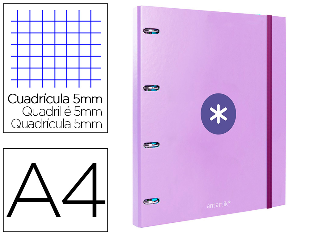 CARPETA CON RECAMBIO LIDERPAPEL ANTARTIK A4 CUADRO 5MM FORRADA 4 ANILLAS 25MM COLOR LAVANDA