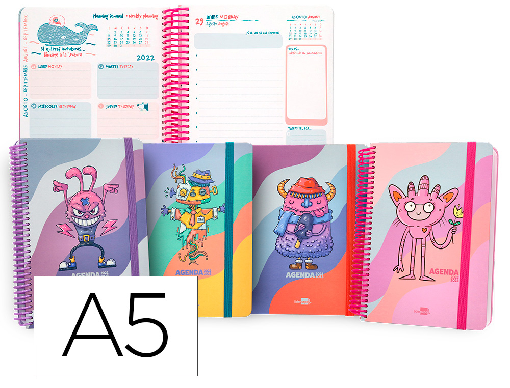 AGENDA ESCOLAR LIDERPAPEL CURSO 22-23 CLASSIC DIN A5 BILINGUE DIA PAGINA ESPIRAL CIERRE CON GOMA