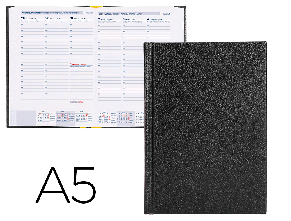 AGENDA ENCUADERNADA LIDERPAPEL CORFU A5 2023 SEMANA VISTA COLOR NEGRO PAPEL 60 GR