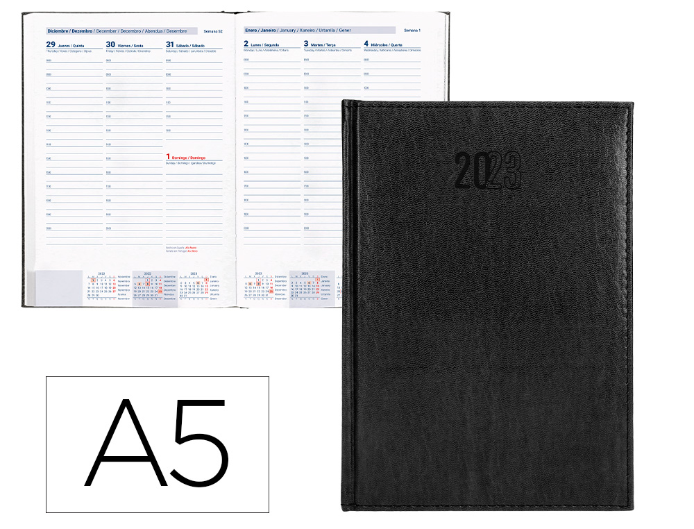 AGENDA ENCUADERNADA LIDERPAPEL CRETA 15X21 CM 2023 SEMANA VISTA COLOR NEGRO PAPEL 70 GR