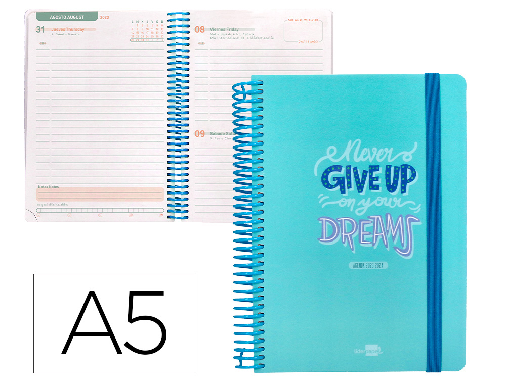 AGENDA ESCOLAR LIDERPAPEL CURSO 23-24 BASIC DIN A5 BILINGUE DIA PAGINA ESPIRAL TAPA POLIPROPILENO CELESTE