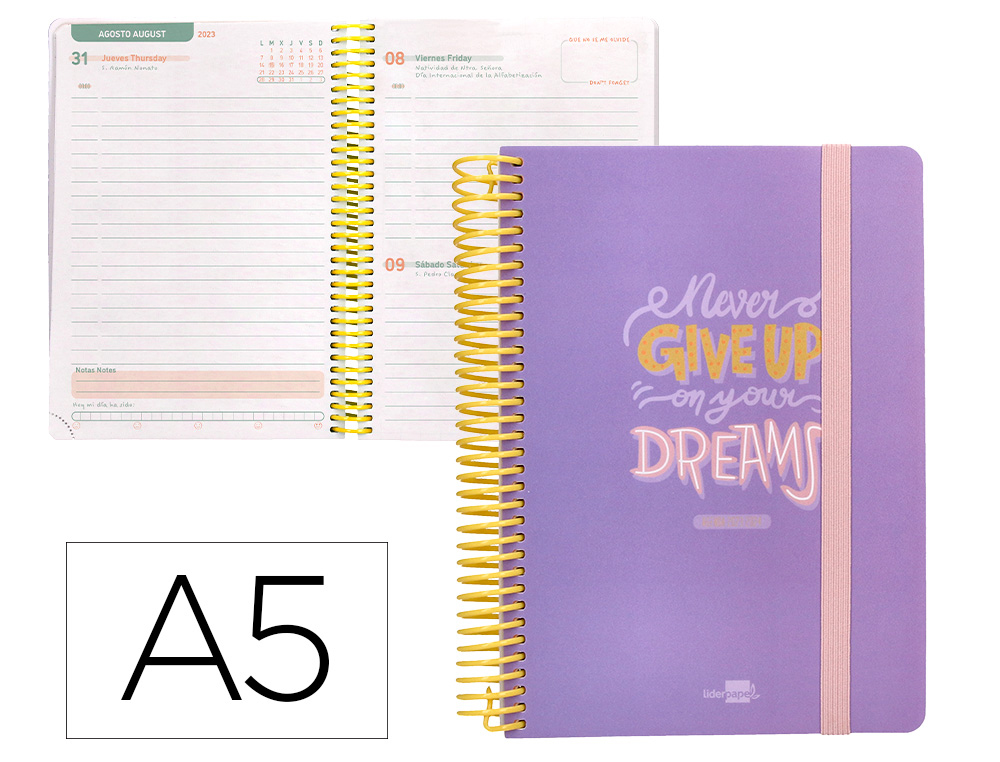 AGENDA ESCOLAR LIDERPAPEL CURSO 23-24 BASIC DIN A5 BILINGUE DIA PAGINA ESPIRAL TAPA POLIPROPILENO MALVA