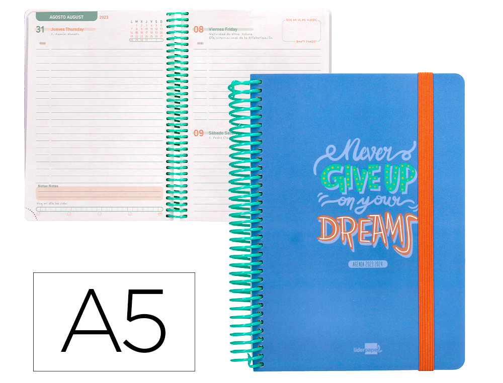 AGENDA ESCOLAR LIDERPAPEL CURSO 23-24 BASIC DIN A5 BILINGUE DIA PAGINA ESPIRAL TAPA POLIPROPILENO AZUL