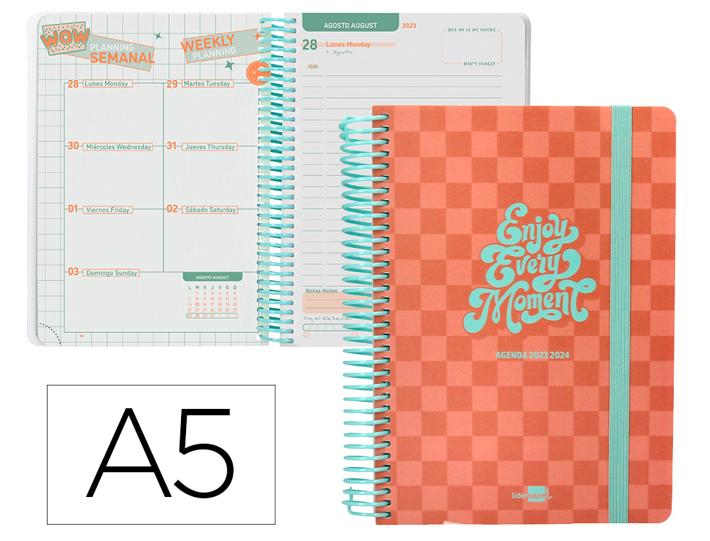 AGENDA ESCOLAR LIDERPAPEL CURSO 23-24 COLLEGE BASIC DIN A5 BILINGUE DIA PAGINA ESPIRALTAPA POLIPROPILENTO CORAL