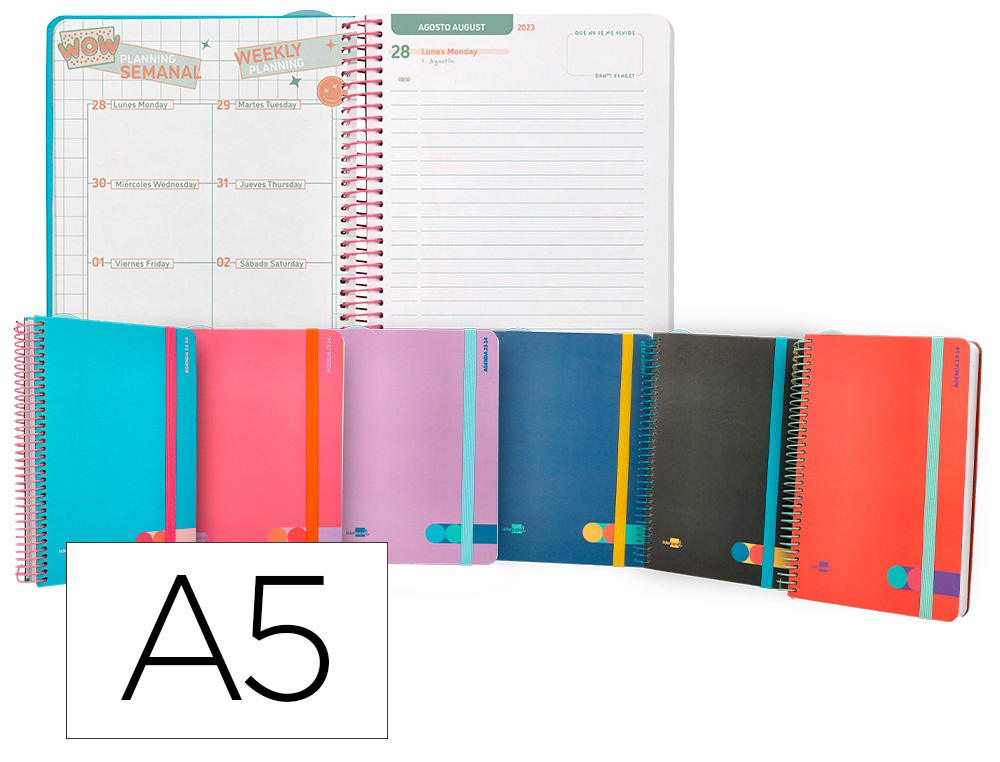 AGENDA ESCOLAR LIDERPAPEL CURSO 23-24 COLLEGE CLASSIC DIN A5 BILINGUE DIA PAGINA ESPIRAL CIERRE CON GOMA