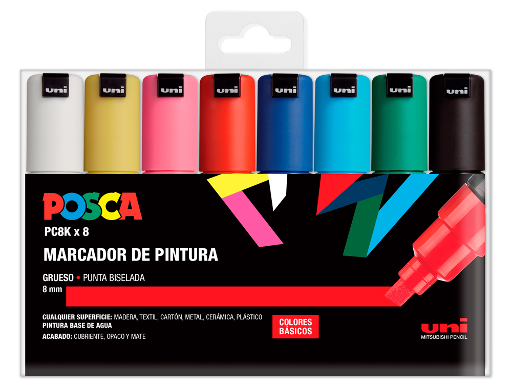 ROTULADOR UNI POSCA PC-8K/8C MARCADOR DE PINTURA PUNTA BISELADA 8 MM ESTUCHE DE 8 UNIDADES COLORES BASICOS
