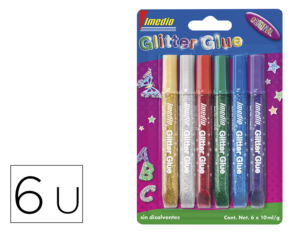 EGAMENTO IMEDIO GLITTER GLUE ORIGINAL PARA MANUALIDADES 10ML BLISTER DE 6 UNIDADES COLORES SURTIDOS