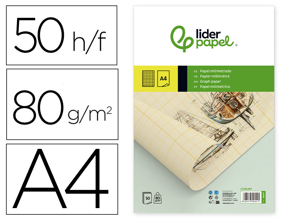 BLOC PAPEL MILIMETRADO LIDERPAPEL ENCOLADO 210X297MM 50 HOJAS 80G/M2