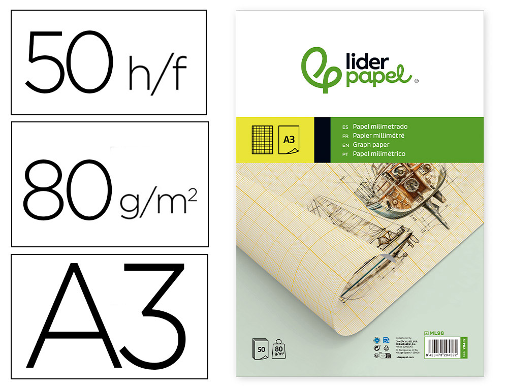 BLOC PAPEL MILIMETRADO LIDERPAPEL ENCOLADO 297X420MM 50 HOJAS 80G/M2