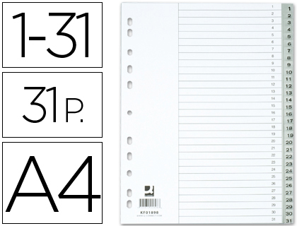 SEPARADOR NUMERICO Q-CONNECT PLASTICO 1-31 JUEGO DE 31 SEPARADORES DIN A4 MULTITALADRO
