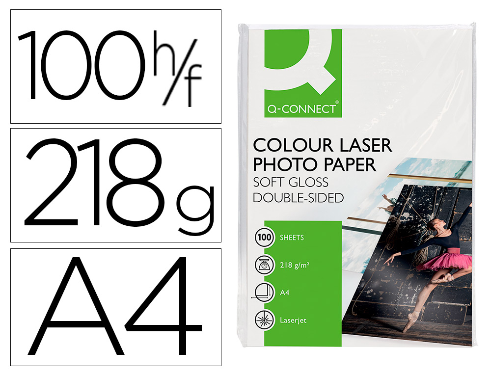 PAPEL Q-CONNECT FOTO GLOSSY DIN A4 PARA FOTOCOPIADORAS E IMPRESORAS LASER PAQUETE DE 100 HOJAS DE 220 GR