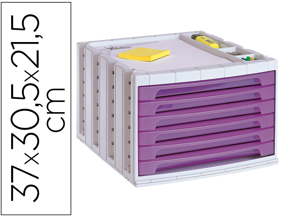 FICHERO CAJONES DE SOBREMESA Q-CONNECT 305X370X215 MM BANDEJA ORGANIZADORA SUPERIOR 6 CAJONES VIOLETA TRANSLUCIDO