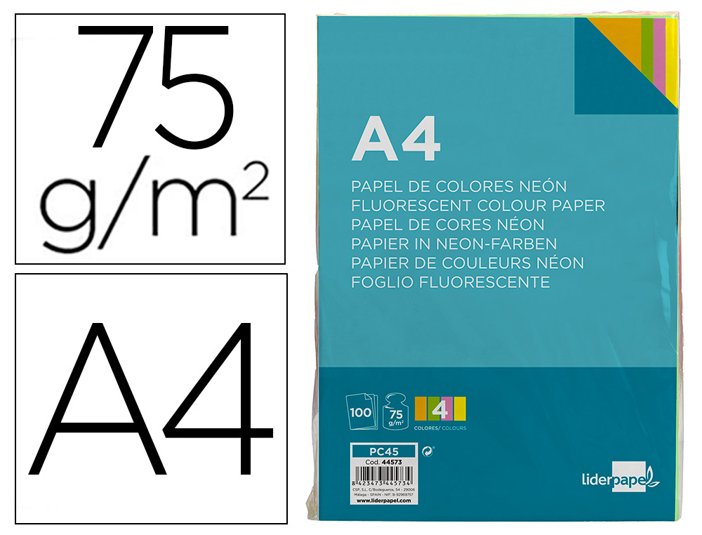 PAPEL COLOR LIDERPAPEL A4 75G/M2 NEON 4 COLORES SURTIDOS PAQUETE DE 100 HOJAS