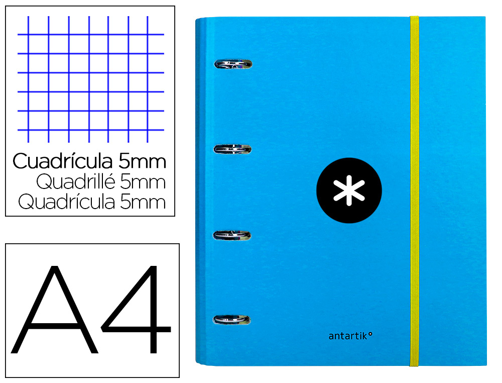 CARPETA CON RECAMBIO LIDERPAPEL ANTARTIK A4 CUADRO 5 MM FORRADA 4 ANILLAS 40MM REDONDAS COLOR AZUL