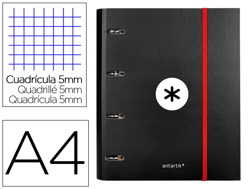 CARPETA CON RECAMBIO LIDERPAPEL ANTARTIK A4 CUADRO 5 MM FORRADA 4 ANILLAS 40MM REDONDAS COLOR NEGRA