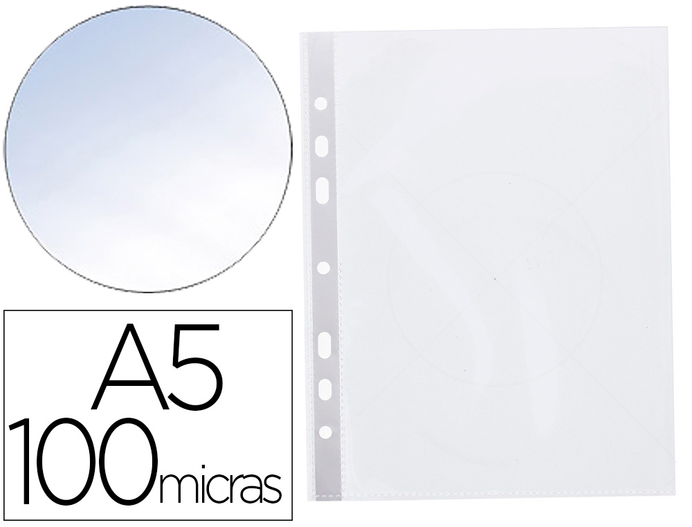 FUNDA MULTITALADRO Q-CONNECT DIN A5 100 MC CRISTAL 6 TALADROS BOLSA DE 10