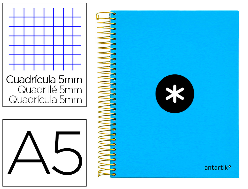 CUADERNO ESPIRAL LIDERPAPEL A5 MICRO ANTARTIK TAPA FORRADA120H 100 GR CUADRO 5MM 5 BANDAS 6 TALADROS COLOR AZUL