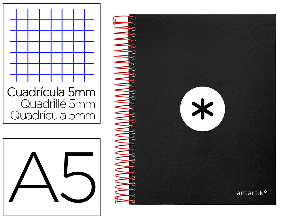 CUADERNO ESPIRAL LIDERPAPEL A5 MICRO ANTARTIK TAPA FORRADA120H 100 GR CUADRO 5MM 5 BANDAS 6 TALADROS COLOR NEGRO