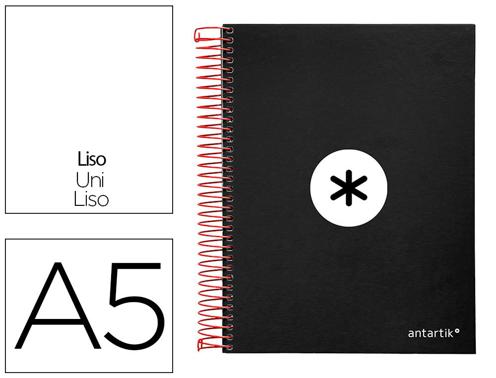 CUADERNO ESPIRAL LIDERPAPEL A5 MICRO ANTARTIK TAPA FORRADA 120H 100G LISO CON BANDAS 6 TALADROS COLOR NEGRO