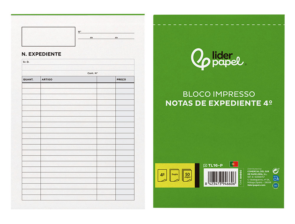 TALONARIO LIDERPAPEL NOTAS DE EXPEDIENTE CUARTO DUPLO -TEXTO EN PORTUGUES